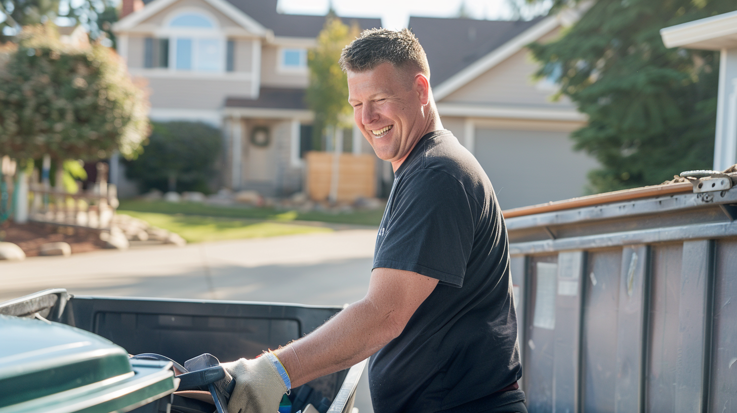 Photo of a man hauling away household garbage