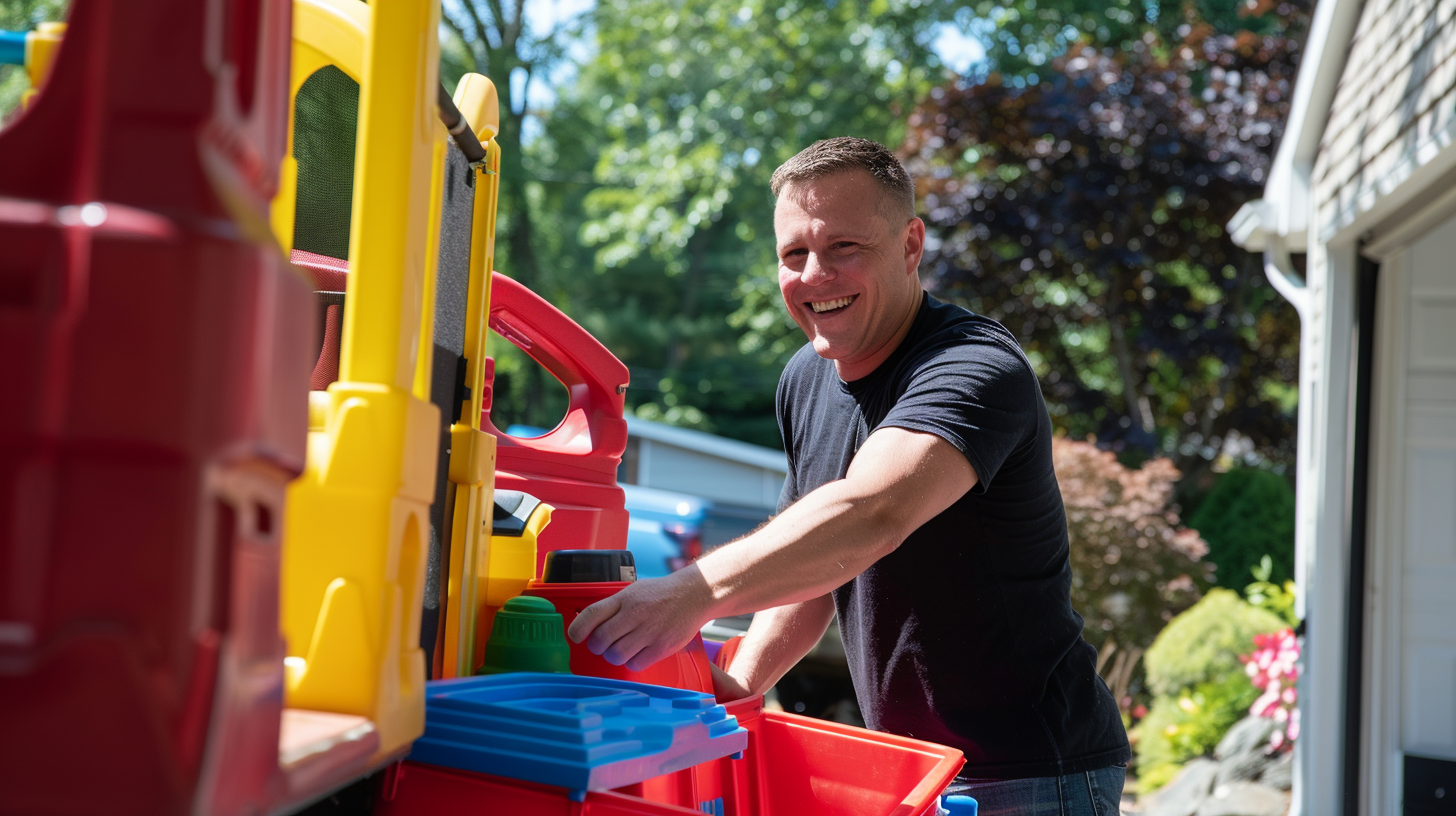 Photo of a man hauling away playsets