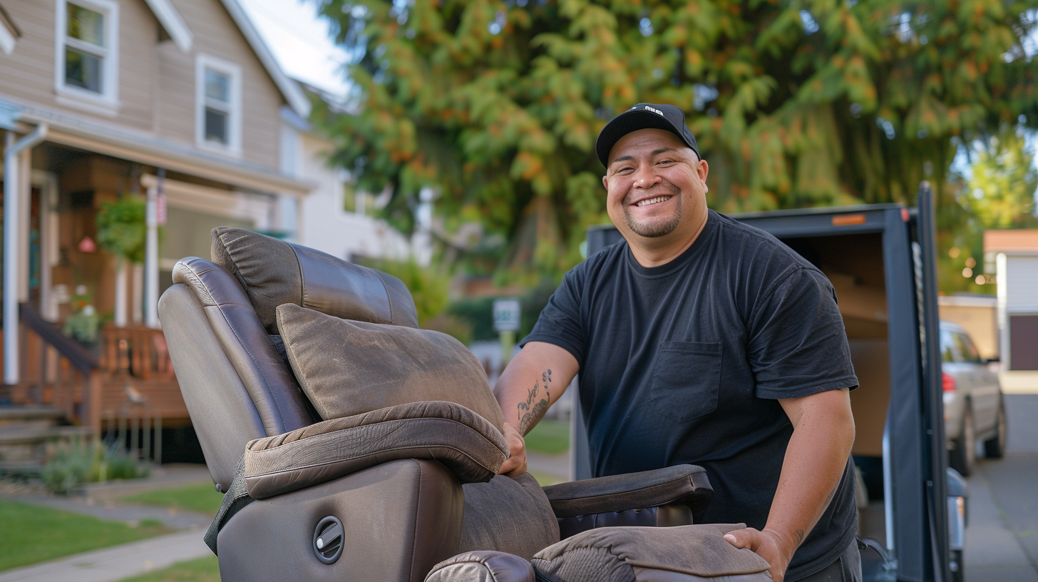 Photo of a man hauling away recliner chairs