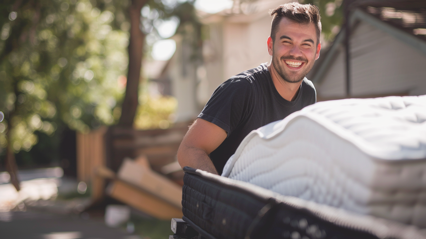 Photo of a man hauling away mattresses