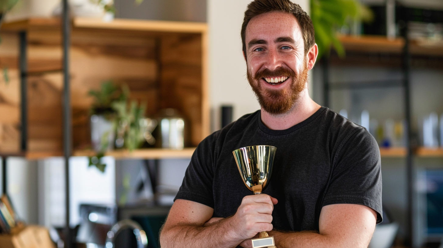 Photo of a man holding a trophy and smiling